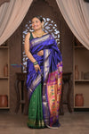 Gauri Premium ~ Designer Handloom Pure Silk Half-and-Half Paithani with Traditional Double Pallu in Royal Blue and Green - verymuchindian.com