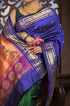 Gauri Premium ~ Designer Handloom Pure Silk Half-and-Half Paithani with Traditional Double Pallu in Royal Blue and Green - verymuchindian.com
