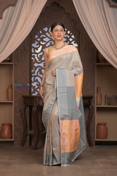 Gauri ~ Pure Silk Handloom Paithani in Peach & Dove Grey - verymuchindian.com