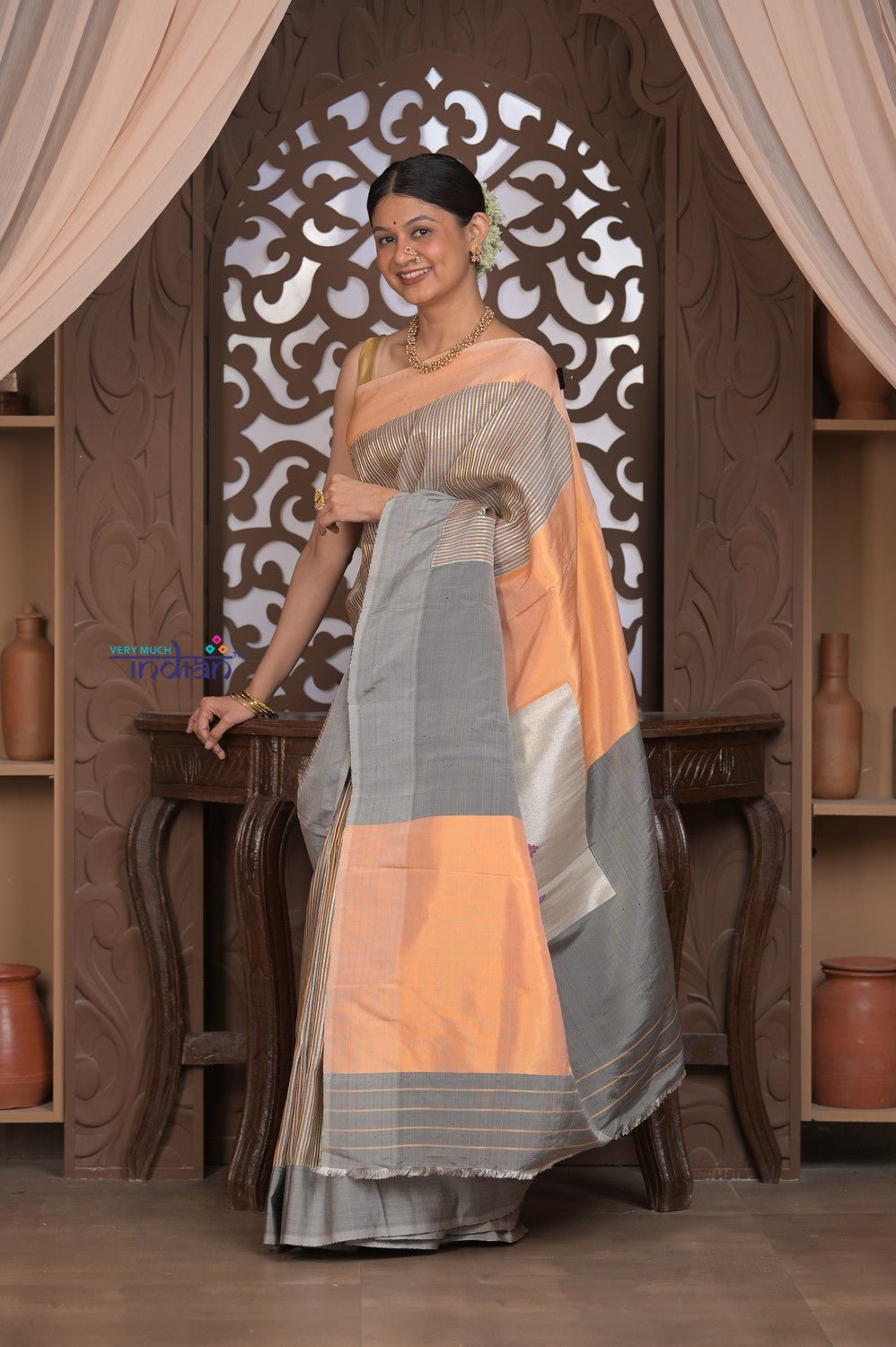 Gauri ~ Pure Silk Handloom Paithani in Peach & Dove Grey - verymuchindian.com