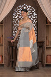 Gauri ~ Pure Silk Handloom Paithani in Peach & Dove Grey - verymuchindian.com