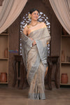 Gauri ~ Pure Silk Handloom Paithani in Peach & Dove Grey - verymuchindian.com