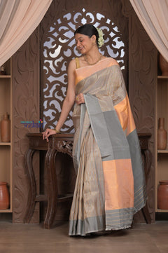 Gauri ~ Pure Silk Handloom Paithani in Peach & Dove Grey - verymuchindian.com