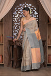 Gauri ~ Pure Silk Handloom Paithani in Peach & Dove Grey - verymuchindian.com