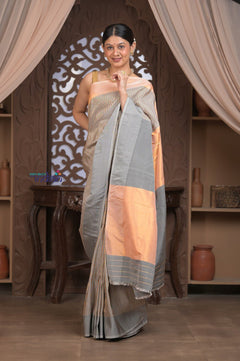 Gauri ~ Pure Silk Handloom Paithani in Peach & Dove Grey - verymuchindian.com