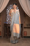 Gauri ~ Pure Silk Handloom Paithani in Peach & Dove Grey - verymuchindian.com