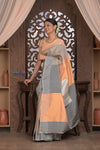 Gauri ~ Pure Silk Handloom Paithani in Peach & Dove Grey - verymuchindian.com