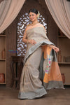 Gauri ~ Pure Silk Handloom Paithani in Peach & Dove Grey - verymuchindian.com