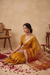 Ganga Ghat ~ Handwoven Banarasi Pure Tissue Silk Saree In Mustard Yellow & Rust