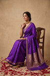 Ganga Ghat ~ Handwoven Pure Banarasi Katan Silk Saree In Royal Purple