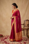 Ganga Ghat ~  Banarasi Handwoven Pure Organza Silk Saree in Magenta and Contrast Orange Border