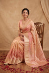 Ganga Ghat ~ Handwoven Pure Banarasi Katan Silk Saree In Peach & Pink Ombre