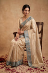Ganga Ghat ~ Banarasi Handwoven Pure Katan Tissue Silk Saree in Ivory with Grey Border