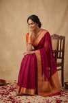 Ganga Ghat ~  Banarasi Handwoven Pure Organza Silk Saree in Magenta and Contrast Orange Border