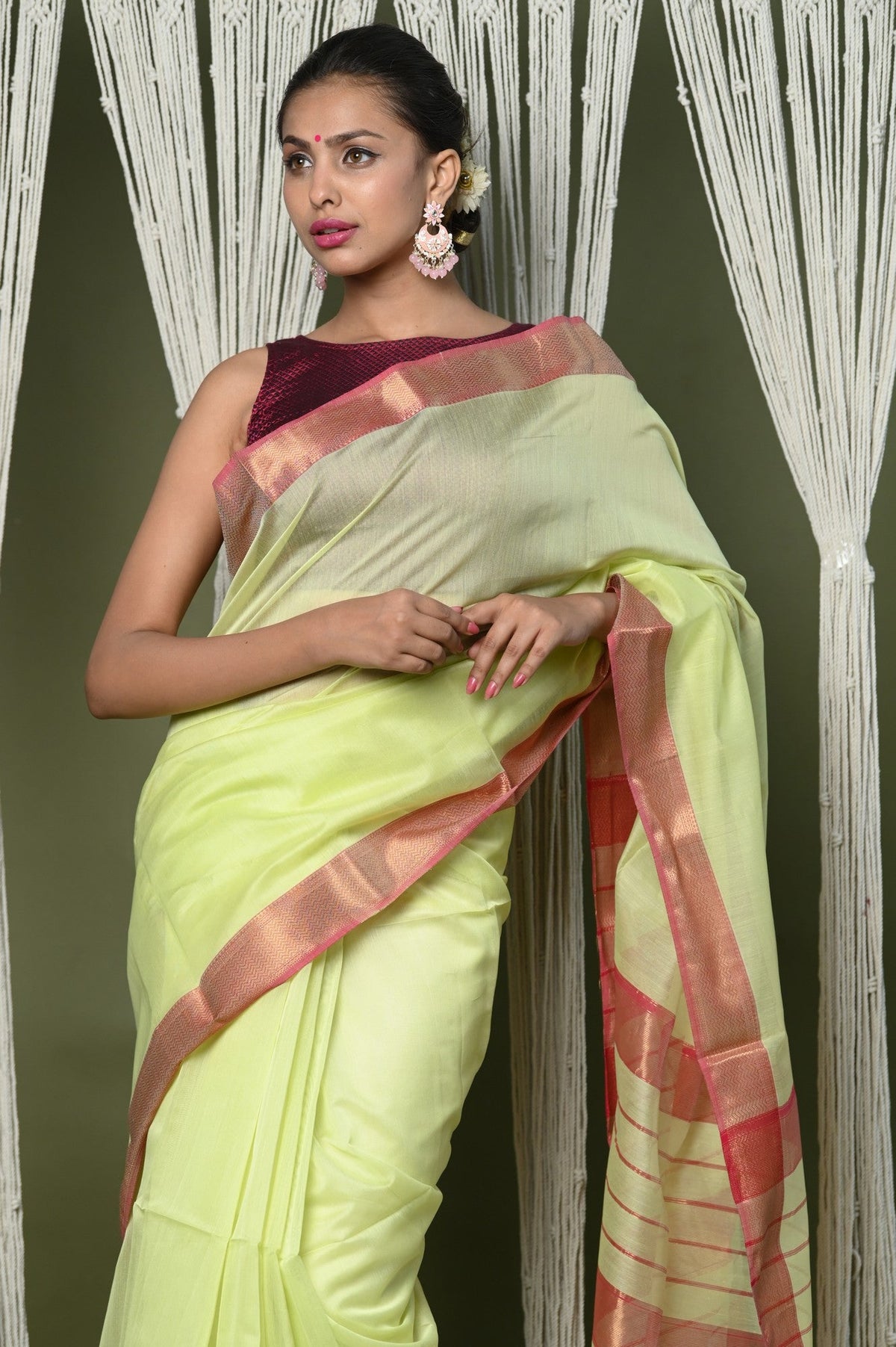 Handloom Cotton Silk Saree With Sleek Golden Border ~ Chartreuse Green - verymuchindian.com