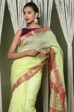 Handloom Cotton Silk Saree With Sleek Golden Border ~ Chartreuse Green - verymuchindian.com
