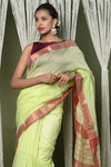 Handloom Cotton Silk Saree With Sleek Golden Border ~ Chartreuse Green - verymuchindian.com
