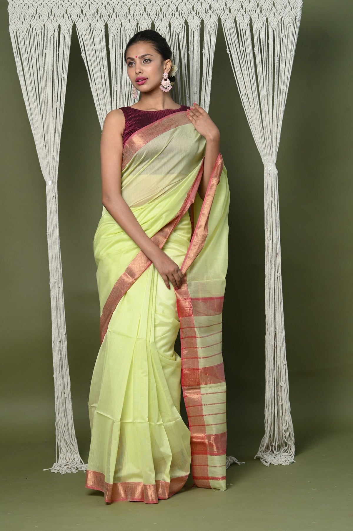 Handloom Cotton Silk Saree With Sleek Golden Border ~ Chartreuse Green - verymuchindian.com
