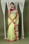 Handloom Cotton Silk Saree With Sleek Golden Border ~ Chartreuse Green - verymuchindian.com