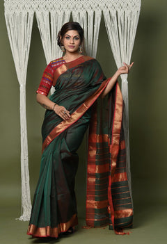 Handloom Cotton Silk Saree With Sleek Golden Border ~ dark green - verymuchindian.com