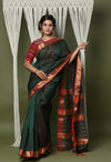 Handloom Cotton Silk Saree With Sleek Golden Border ~ dark green - verymuchindian.com