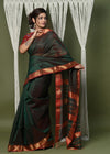 Handloom Cotton Silk Saree With Sleek Golden Border ~ dark green - verymuchindian.com