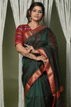 Handloom Cotton Silk Saree With Sleek Golden Border ~ dark green - verymuchindian.com