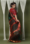 Handloom Cotton Silk Saree With Sleek Golden Border ~ dark green - verymuchindian.com