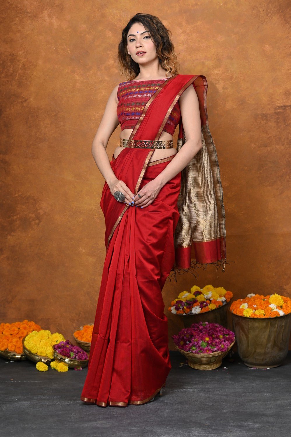 Handloom Cotton Silk Saree With Sleek Golden Border~ Red - verymuchindian.com