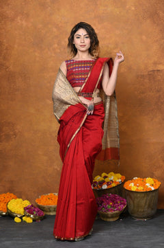 Handloom Cotton Silk Saree With Sleek Golden Border~ Red - verymuchindian.com