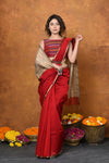 Handloom Cotton Silk Saree With Sleek Golden Border~ Red - verymuchindian.com