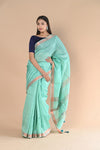 Handloom Cotton Silk Saree With Sleek Golden Border~teal green - verymuchindian.com