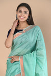 Handloom Cotton Silk Saree With Sleek Golden Border~teal green - verymuchindian.com