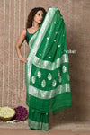 Handloom Khaddi Georgette Saree With Sleek Border ~ Dark Green (Silk Mark) - verymuchindian.com