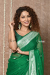 Handloom Khaddi Georgette Saree With Sleek Border ~ Dark Green (Silk Mark) - verymuchindian.com