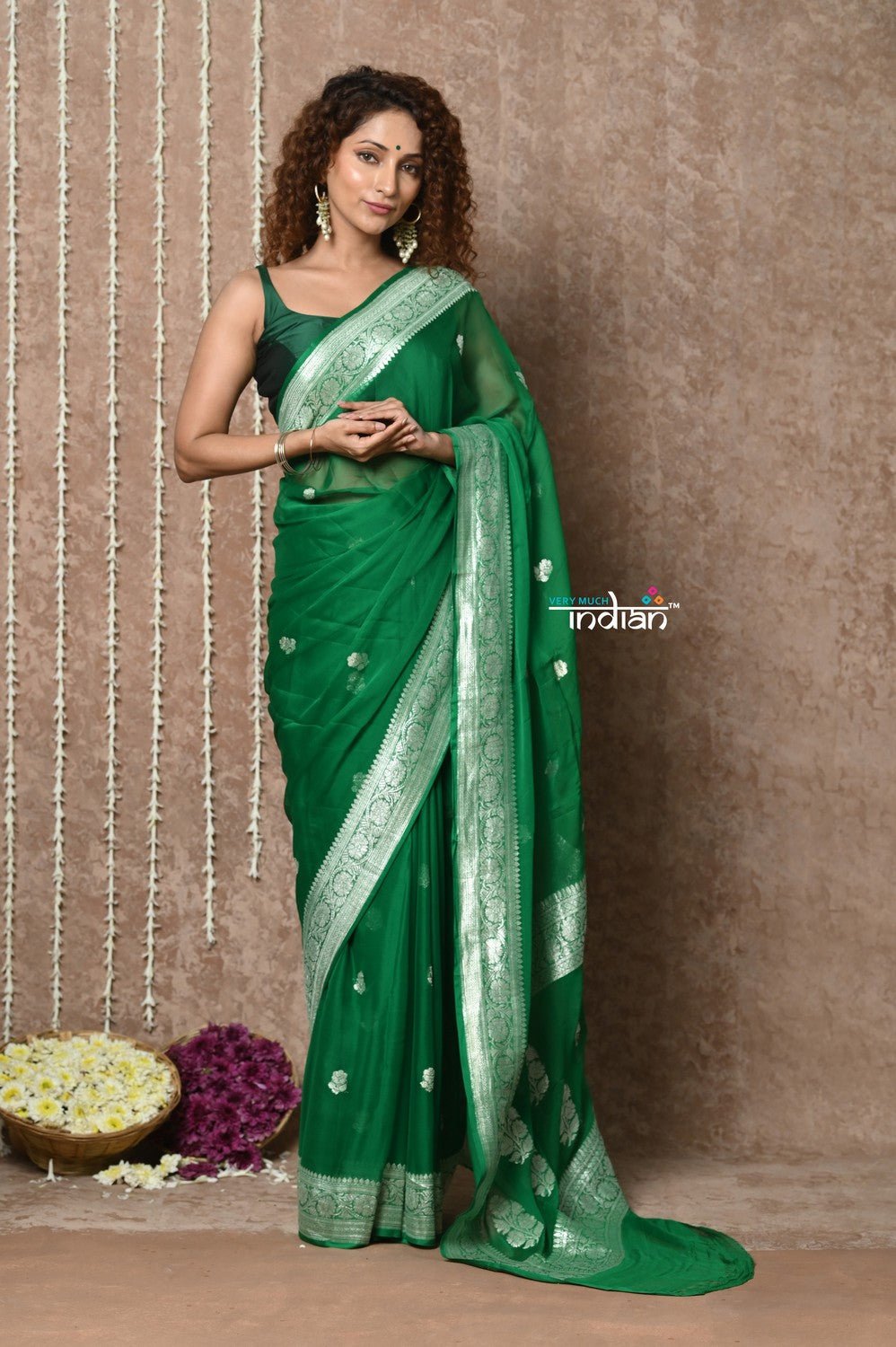 Handloom Khaddi Georgette Saree With Sleek Border ~ Dark Green (Silk Mark) - verymuchindian.com