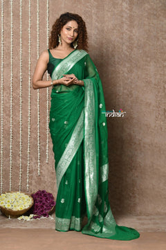 Handloom Khaddi Georgette Saree With Sleek Border ~ Dark Green (Silk Mark) - verymuchindian.com