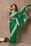 Handloom Khaddi Georgette Saree With Sleek Border ~ Dark Green (Silk Mark) - verymuchindian.com