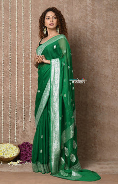 Handloom Khaddi Georgette Saree With Sleek Border ~ Dark Green (Silk Mark) - verymuchindian.com