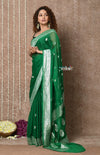 Handloom Khaddi Georgette Saree With Sleek Border ~ Dark Green (Silk Mark) - verymuchindian.com