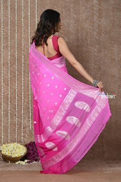 Handloom Khaddi Georgette Saree With Sleek Border ~ Ombre Pink (Silk Mark) - verymuchindian.com