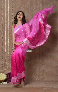 Handloom Khaddi Georgette Saree With Sleek Border ~ Ombre Pink (Silk Mark) - verymuchindian.com