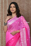 Handloom Khaddi Georgette Saree With Sleek Border ~ Ombre Pink (Silk Mark) - verymuchindian.com