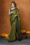 Handloom Modal Silk Saree With Ajrakh Handblock Print With Eco-Friendly Vegetable Dye~ Green - verymuchindian.com