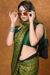 Handloom Modal Silk Saree With Ajrakh Handblock Print With Eco-Friendly Vegetable Dye~ Green - verymuchindian.com