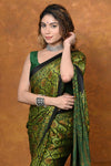 Handloom Modal Silk Saree With Ajrakh Handblock Print With Eco-Friendly Vegetable Dye~ Green - verymuchindian.com