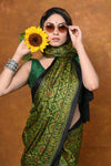 Handloom Modal Silk Saree With Ajrakh Handblock Print With Eco-Friendly Vegetable Dye~ Green - verymuchindian.com