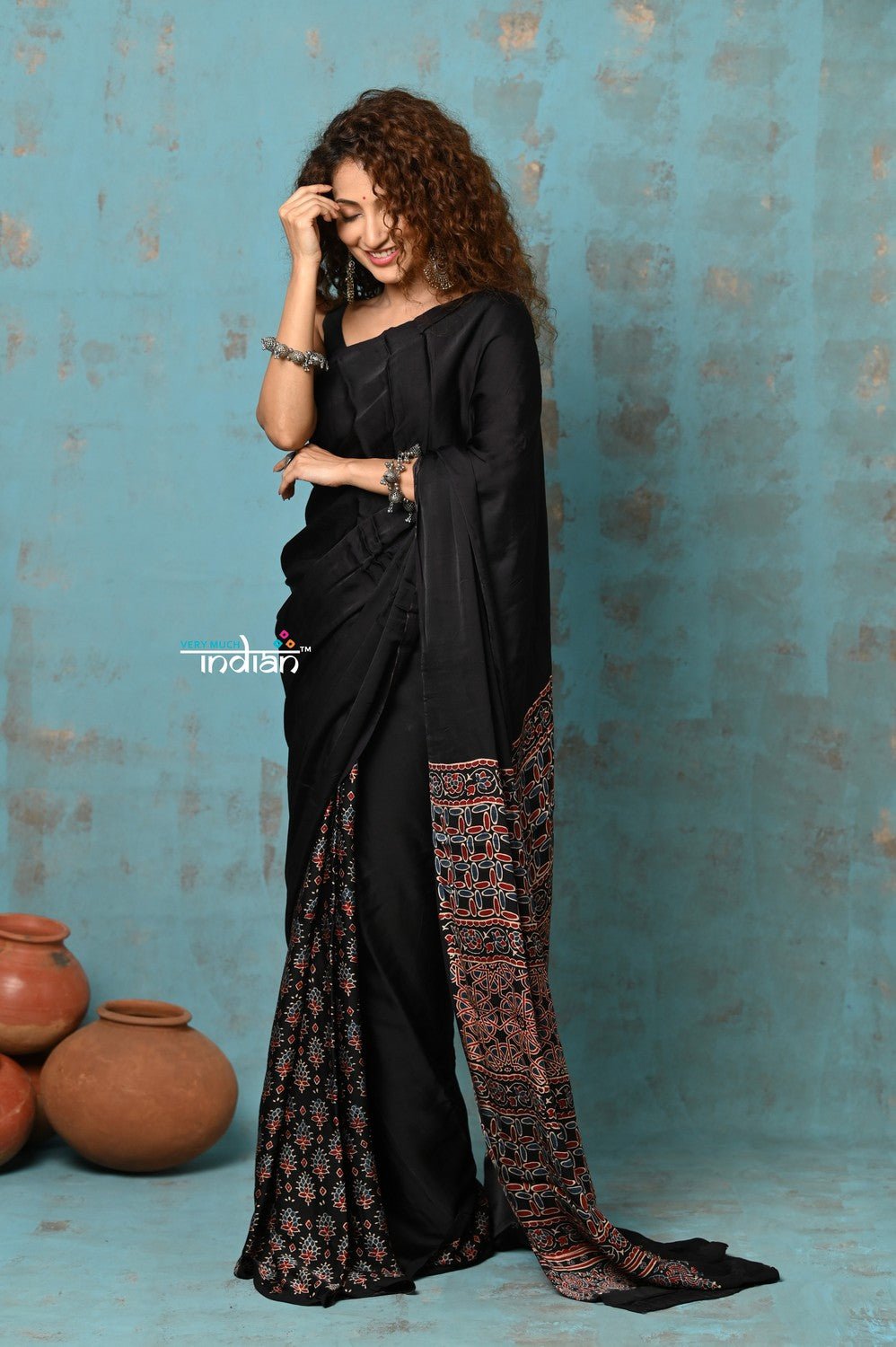 Handloom Modal Silk Saree With Ajrakh Handblock Print With Eco-Friendly Vegetable Dye ~ Serene Black - verymuchindian.com