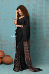 Handloom Modal Silk Saree With Ajrakh Handblock Print With Eco-Friendly Vegetable Dye ~ Serene Black - verymuchindian.com