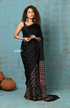 Handloom Modal Silk Saree With Ajrakh Handblock Print With Eco-Friendly Vegetable Dye ~ Serene Black - verymuchindian.com